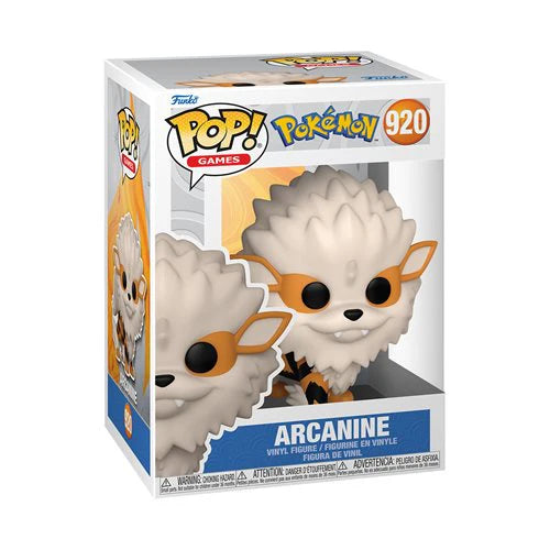 Funko Pop! figure of Arcanine from Pokémon, featuring a stylized design with orange and white fur in a display box.