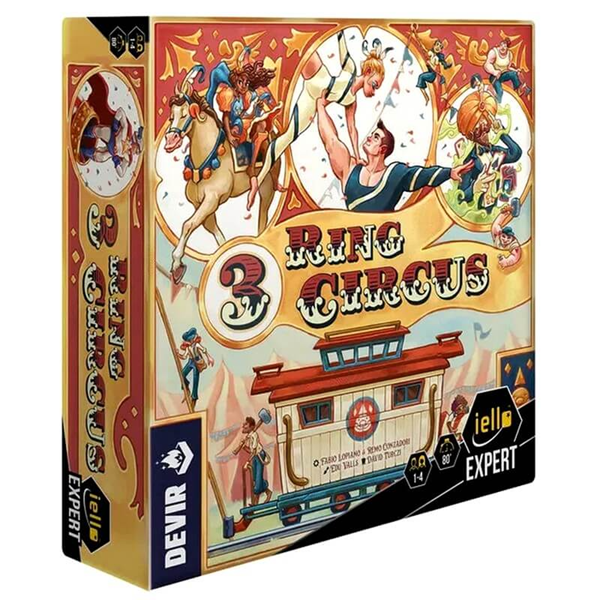 Colorful box art for "3 Ring Circus" board game featuring acrobats, animals, and circus performers in action.