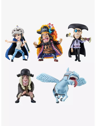 Bandai Spirits One Piece World Collectable Figures featuring Trafalgar Law, Blackbeard, and other characters in dynamic poses.