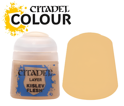 Citadel Layer Paint Kislev Flesh in a round container with a light flesh tone swatch beside it, ideal for miniature painting.
