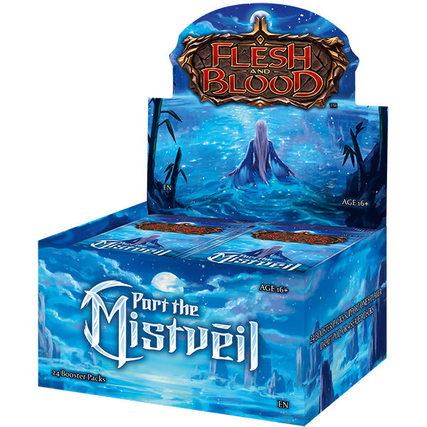 Flesh and Blood: Part of the Mistveil Booster Box featuring 24 booster packs with a mystical blue design and a central figure.