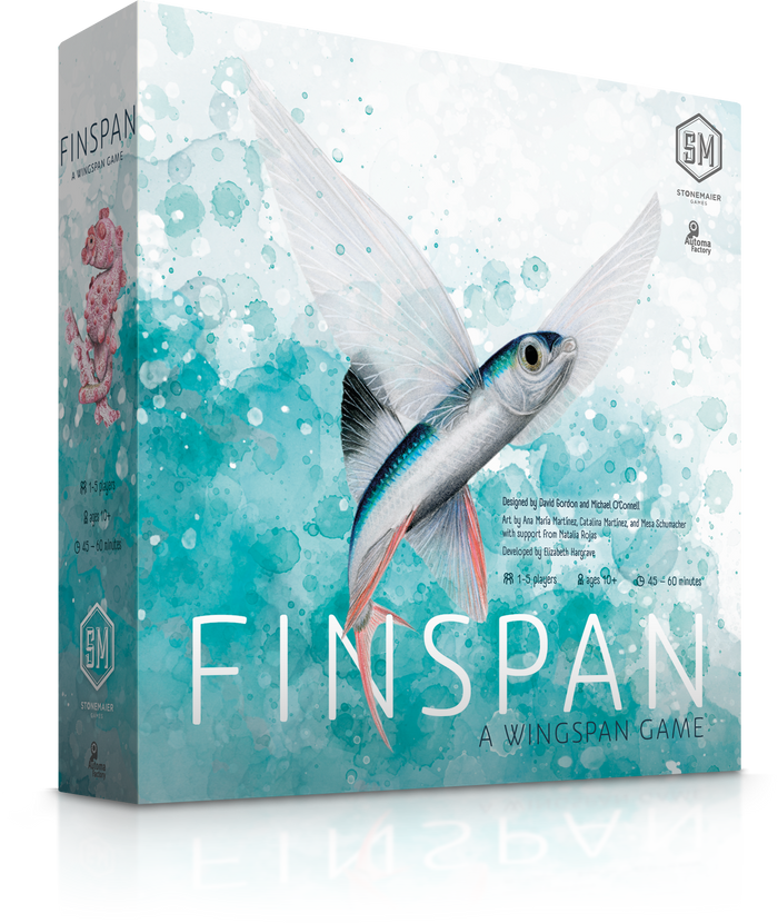 Colorful game box for Finspan featuring a flying fish against a blue watercolor background, designed for strategy gaming enthusiasts.