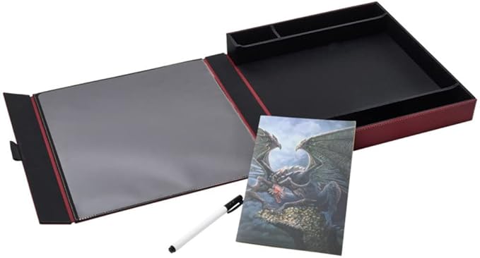 Dragon Shield Player Companion in Blood Red, featuring a storage compartment, dry-erase surface, and a dragon-themed notepad.