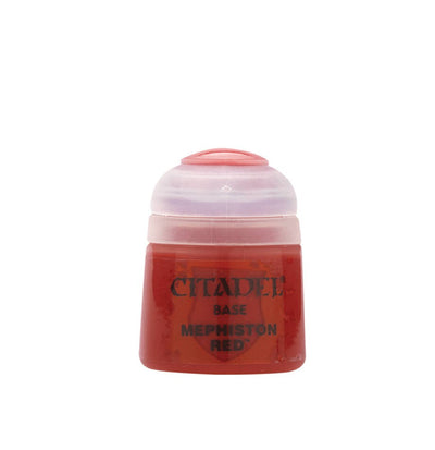 Citadel Base Paint in Mephiston Red, 12ml container with a clear lid and bold labeling for easy identification.