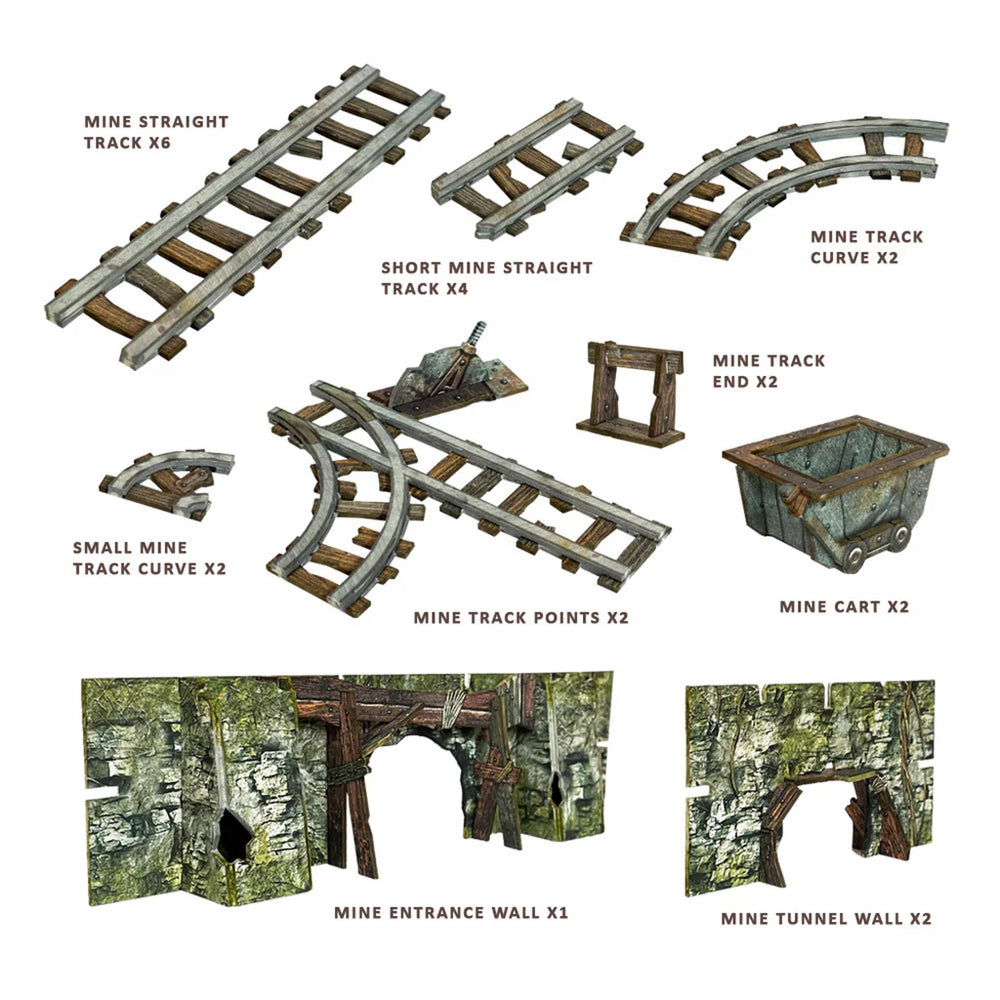 Detailed components of the Fantasy Dungeon: Mines of Meruta, including mine tracks, carts, and entrance walls for tabletop gaming.