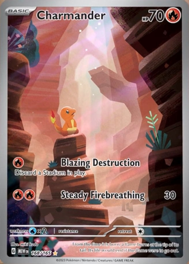 Charmander card from Scarlet & Violet 151 featuring vibrant artwork of the fire-type Pokémon in a rocky landscape.