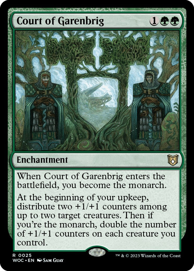 Enchanting card featuring Court of Garenbrig, detailing its effects on creature counters and monarchy in gameplay.