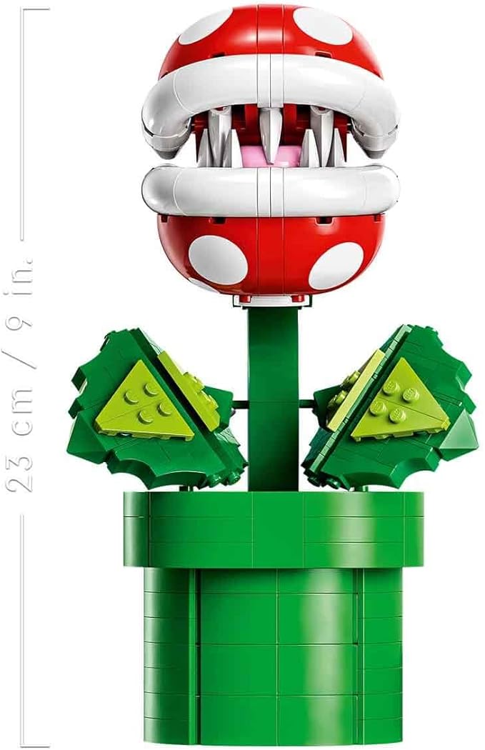 LEGO Piranha Plant set 71426 features a vibrant red and white plant with sharp teeth atop a green pipe, measuring 23 cm tall.