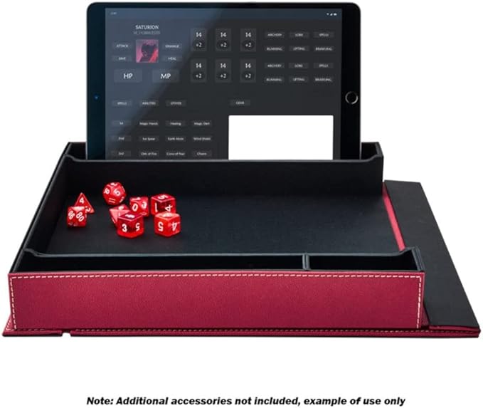 Dragon Shield Player Companion in Blood Red, featuring a dice tray and space for a tablet, ideal for tabletop gaming.