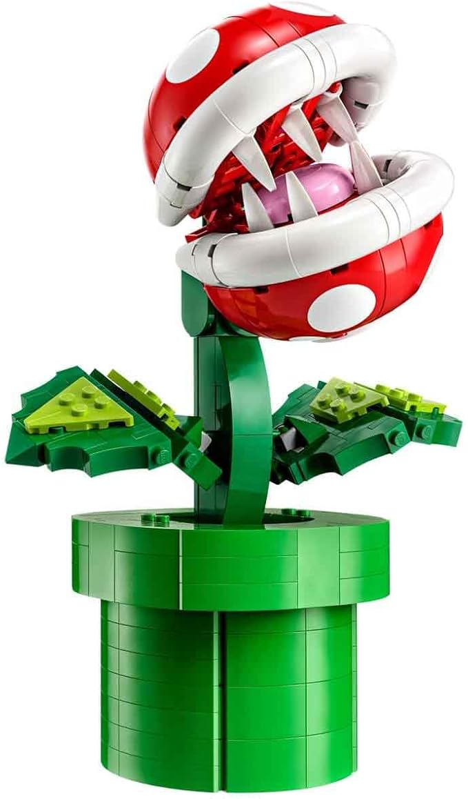 LEGO Piranha Plant model featuring a red and white plant with open jaws, set on a green pipe base.