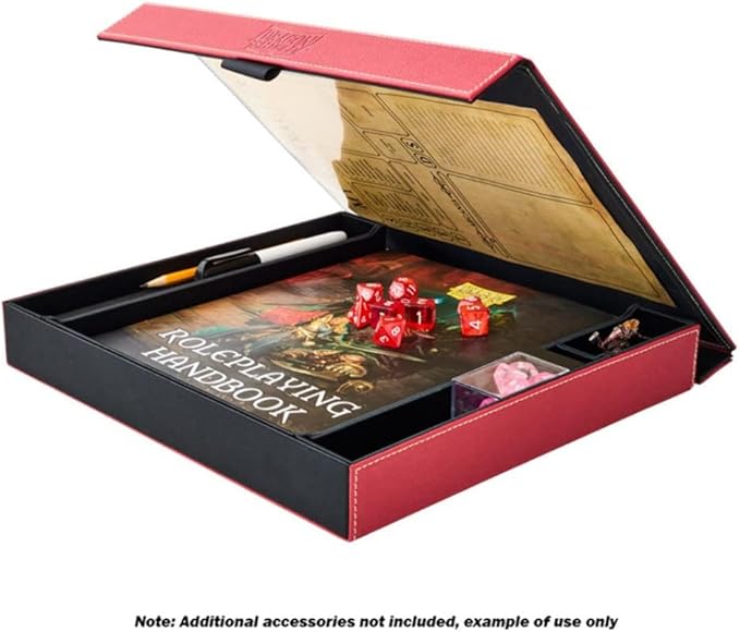 Dragon Shield Player Companion in Blood Red, featuring a storage box with a roleplaying handbook, dice, and a pen.