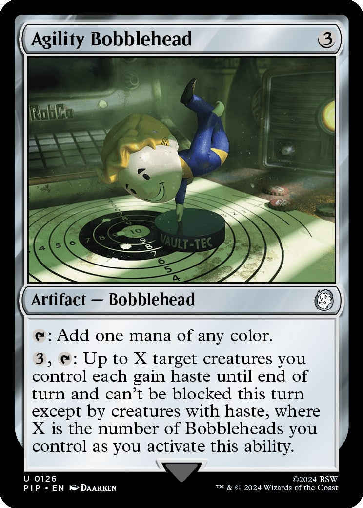 Agility Bobblehead card from Universes Beyond: Fallout featuring a cartoonish character with a Vault-Tec logo.