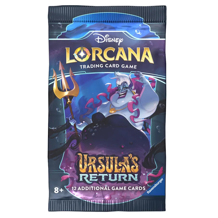 Disney Lorcana TCG Ursula's Return booster pack featuring Ursula with her trident, containing 12 additional game cards.