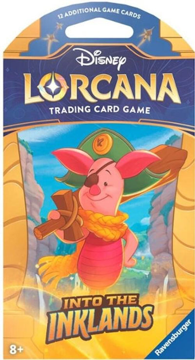Disney Lorcana Into the Inklands sleeved booster pack featuring a character in a hat and cape, showcasing vibrant artwork.