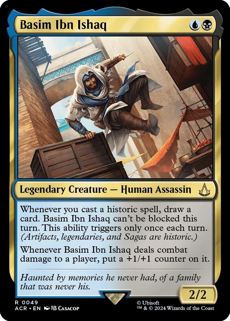 Basim Ibn Ishaq card from Universes Beyond: Assassin's Creed, featuring a legendary human assassin with unique abilities.