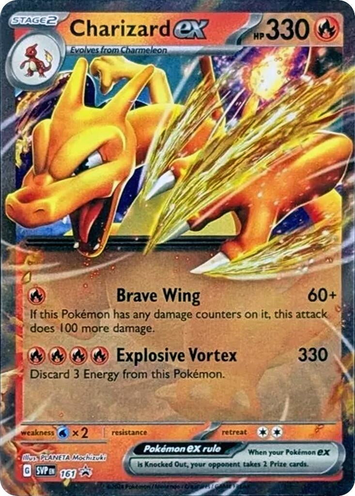 Charizard ex card featuring a dynamic illustration of Charizard with fiery effects, showcasing HP 330 and attack details.