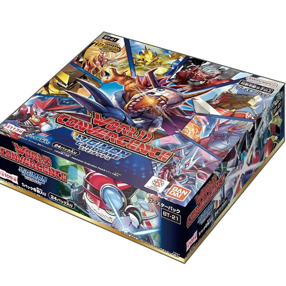 Digimon TCG World Convergence Booster Box BT21 featuring vibrant artwork of various Digimon characters and logo.