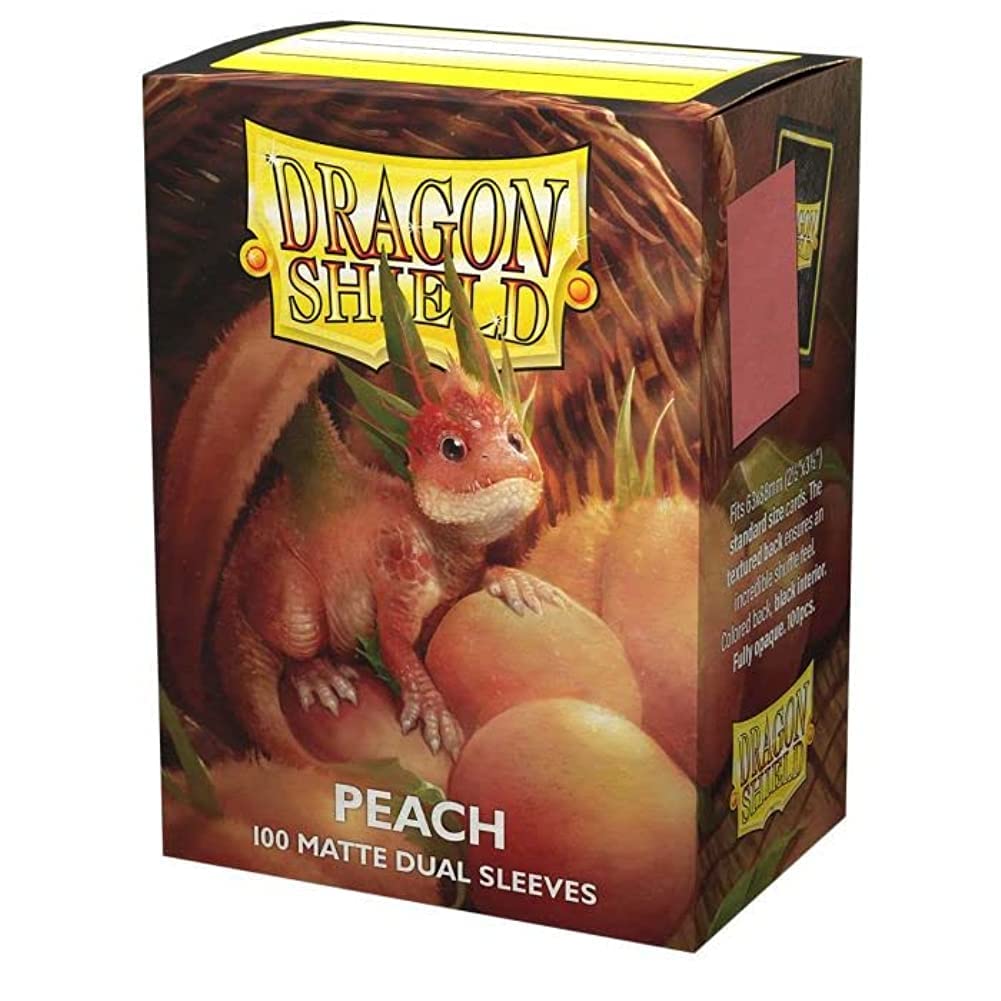 Dragon Shield Peach Matte Dual Card Sleeves box featuring a colorful dragon and peaches, containing 100 protective sleeves.