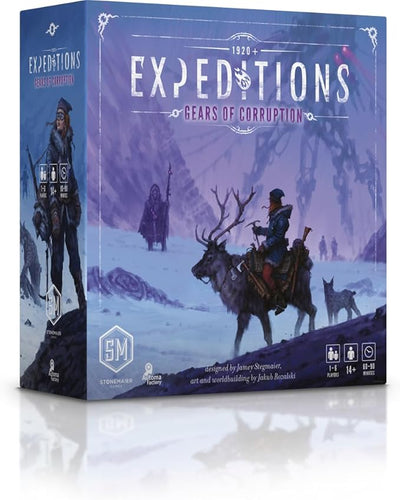 Box art for Expeditions: Gears of Corruption (Ironclad Edition), featuring a snowy landscape with a traveler and deer.