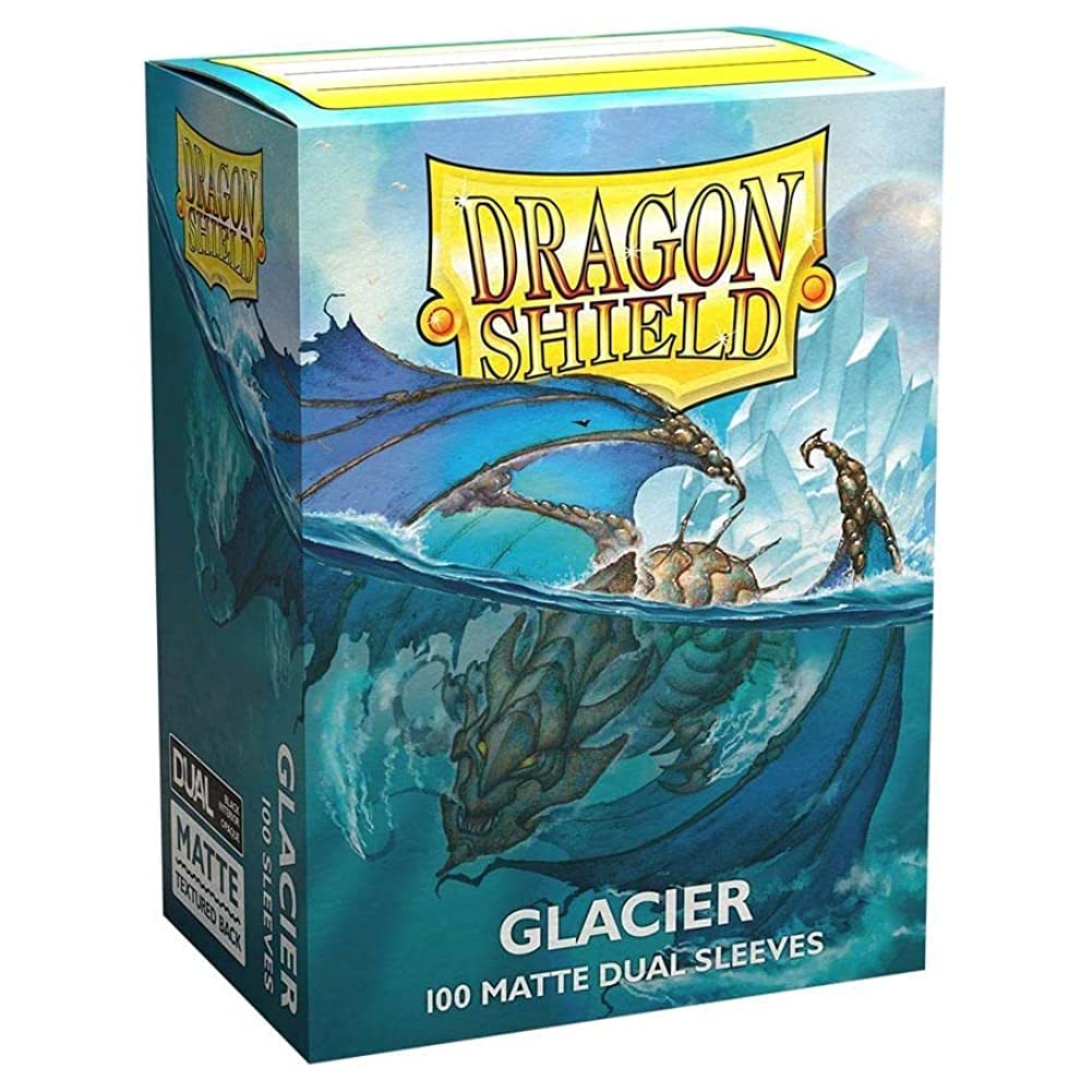 Dragon Shield Glacier Matte Dual Card Sleeves pack featuring a dragon and icy landscape design, includes 100 protective sleeves.