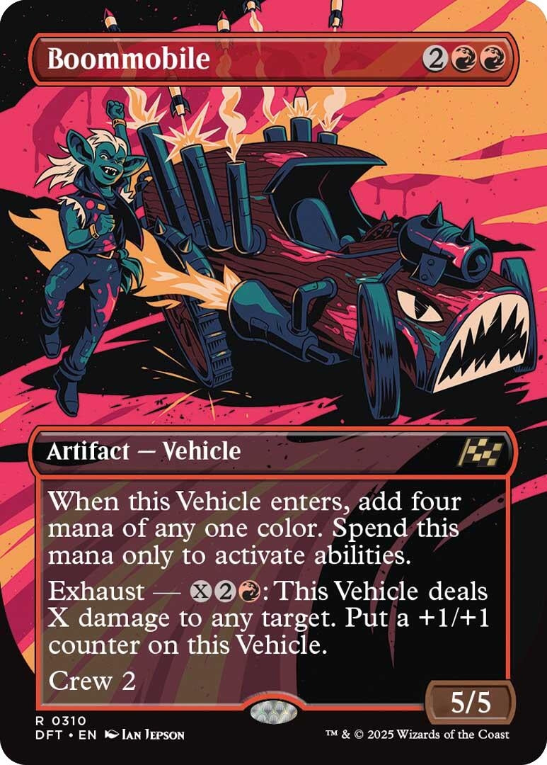 Boommobile card featuring a red vehicle with a goblin pilot, detailing its abilities and stats in a fantasy game setting.