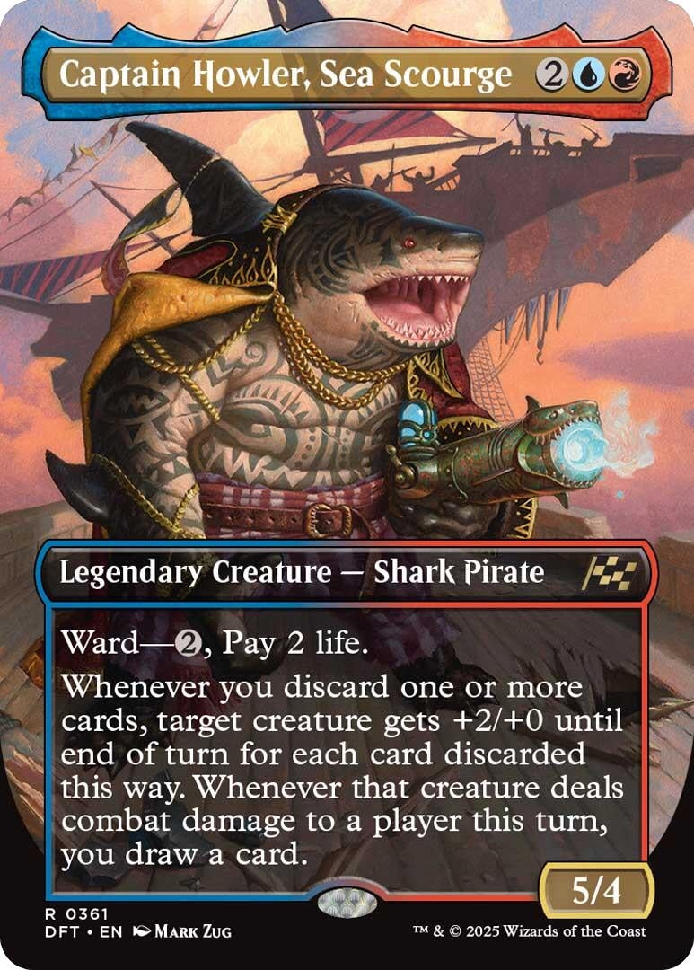Captain Howler, Sea Scourge card featuring a shark pirate with abilities related to discarding cards and dealing damage.