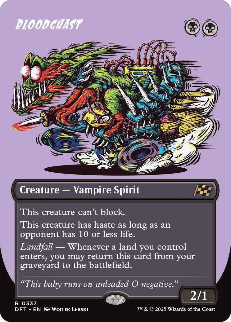 Bloodghast card featuring a colorful vampire spirit illustration with game stats and abilities, including haste and landfall.