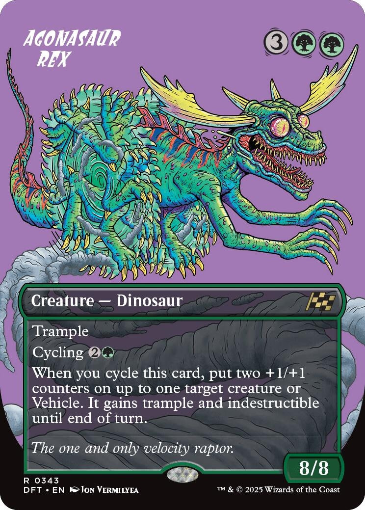 Agonasaur Rex card featuring a vibrant dinosaur illustration with trample ability and cycling effect for gameplay.