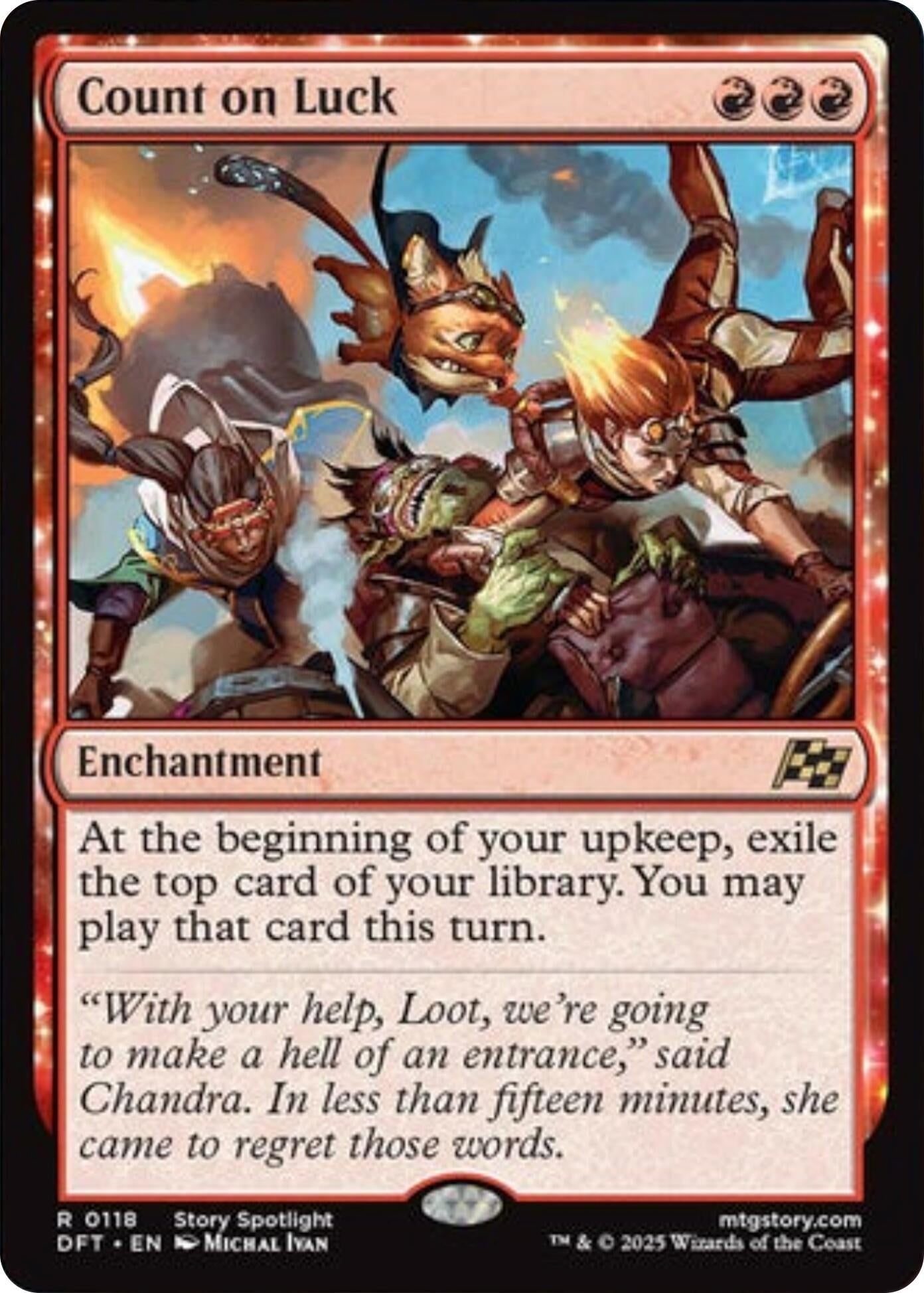 Enchanting card from Aetherdrift featuring characters strategizing. Text highlights gameplay mechanics and a quote from Chandra.