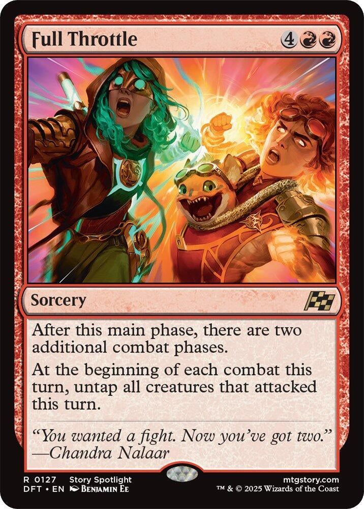 Full Throttle card from Aetherdrift, featuring vibrant artwork of two characters and a creature, with sorcery effects described.