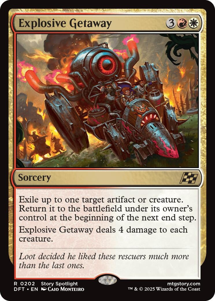 Explosive Getaway card featuring a steampunk vehicle and text describing its sorcery effects in Aetherdrift.