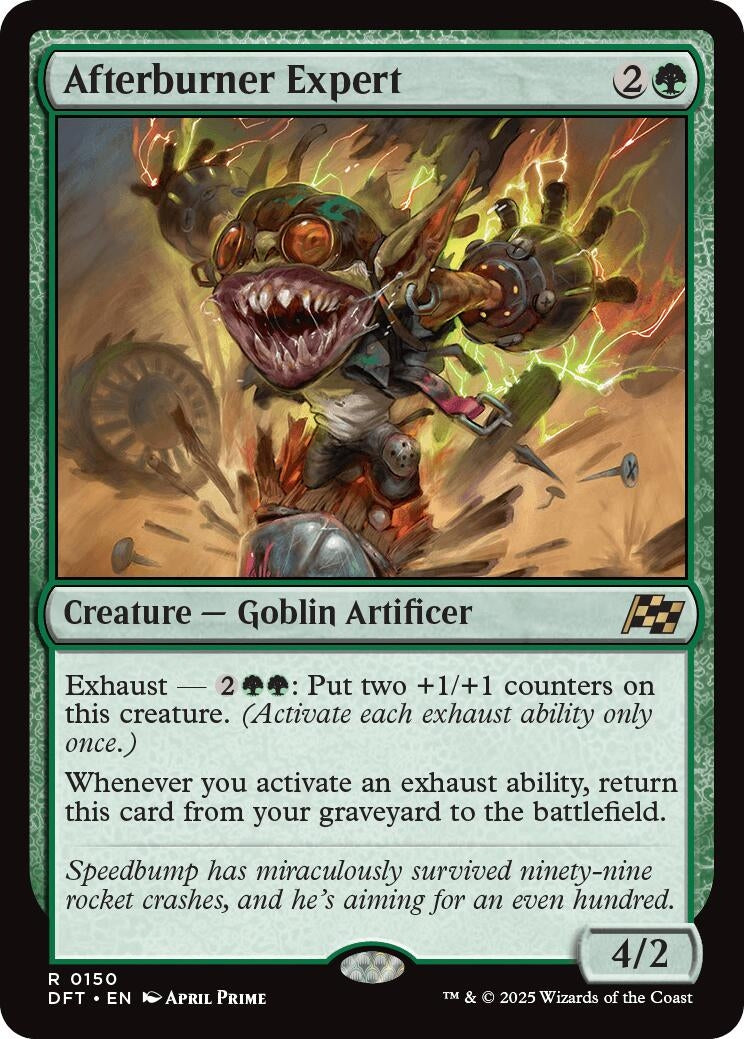Afterburner Expert card featuring a goblin artificer with a mischievous grin, showcasing its abilities and stats.