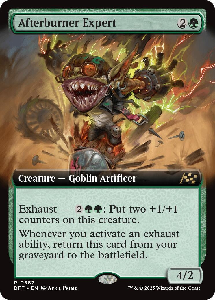 Afterburner Expert card featuring a goblin artificer with goggles, surrounded by sparks and energy effects.