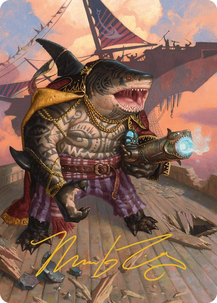 Art card featuring Captain Howler, a shark-like creature with tattoos, holding a glowing weapon on a ship deck. Gold-stamped signature included.