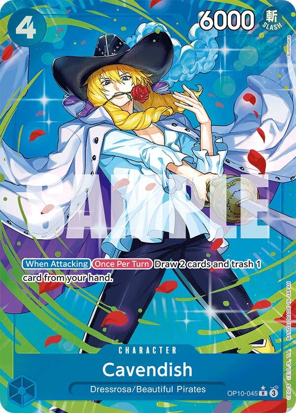 Cavendish card from OP10 featuring a character with a hat and long blonde hair, showcasing vibrant colors and game mechanics.