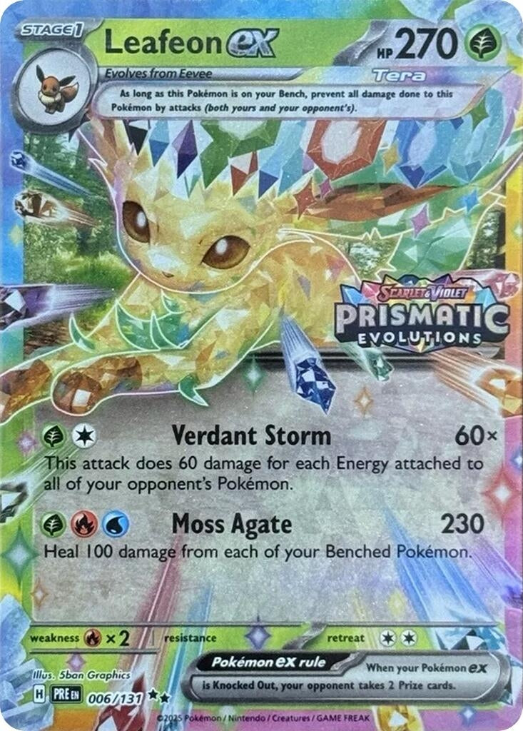 Leafeon ex card featuring vibrant artwork, HP 270, with attacks Verdant Storm and Moss Agate from Prismatic Evolutions.