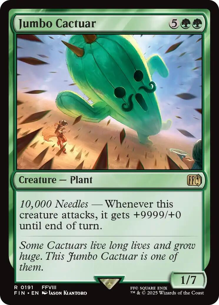 Jumbo Cactuar card featuring a green cactus creature with a face, stats 1/7, and ability text about attacking.