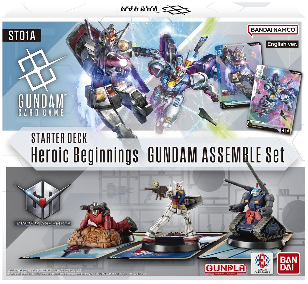Gundam Card Game Starter Deck Assemble Set Heroic Beginnings featuring cards and miniatures of iconic Gundam models.