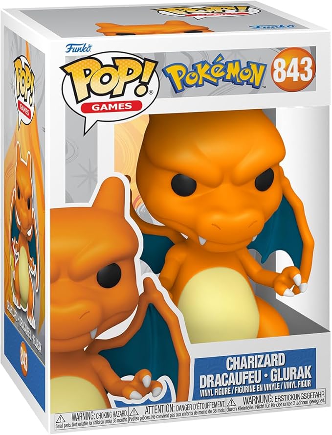 Funko Pop! figure of Charizard from Pokémon, featuring vibrant orange colors and detailed wings, in a collectible box.