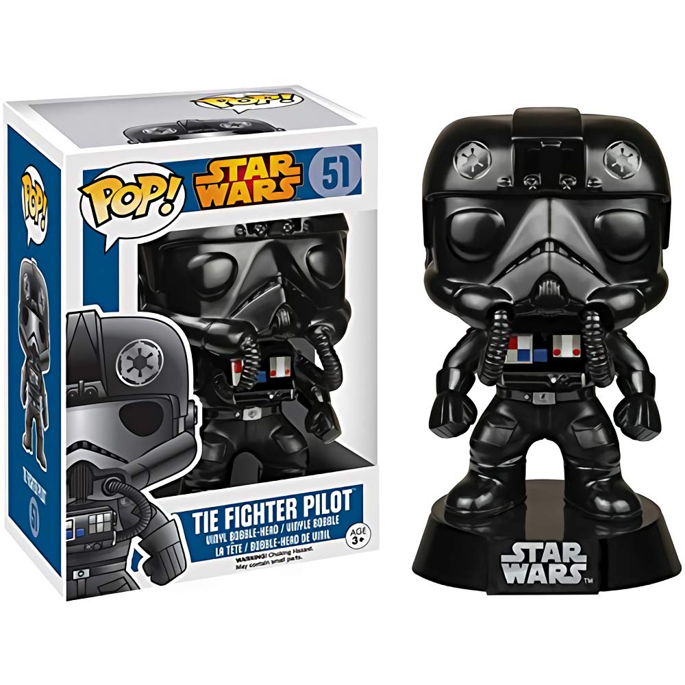 Funko Pop! Star Wars Tie Fighter Pilot #51 figure in black uniform with helmet, displayed next to its colorful box packaging.