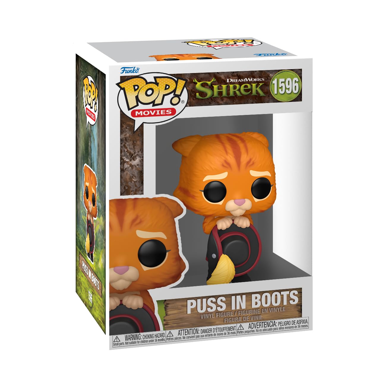 Funko Pop! figure of Puss in Boots from Shrek, featuring a cute cat with big eyes and a sword, in a collectible box.