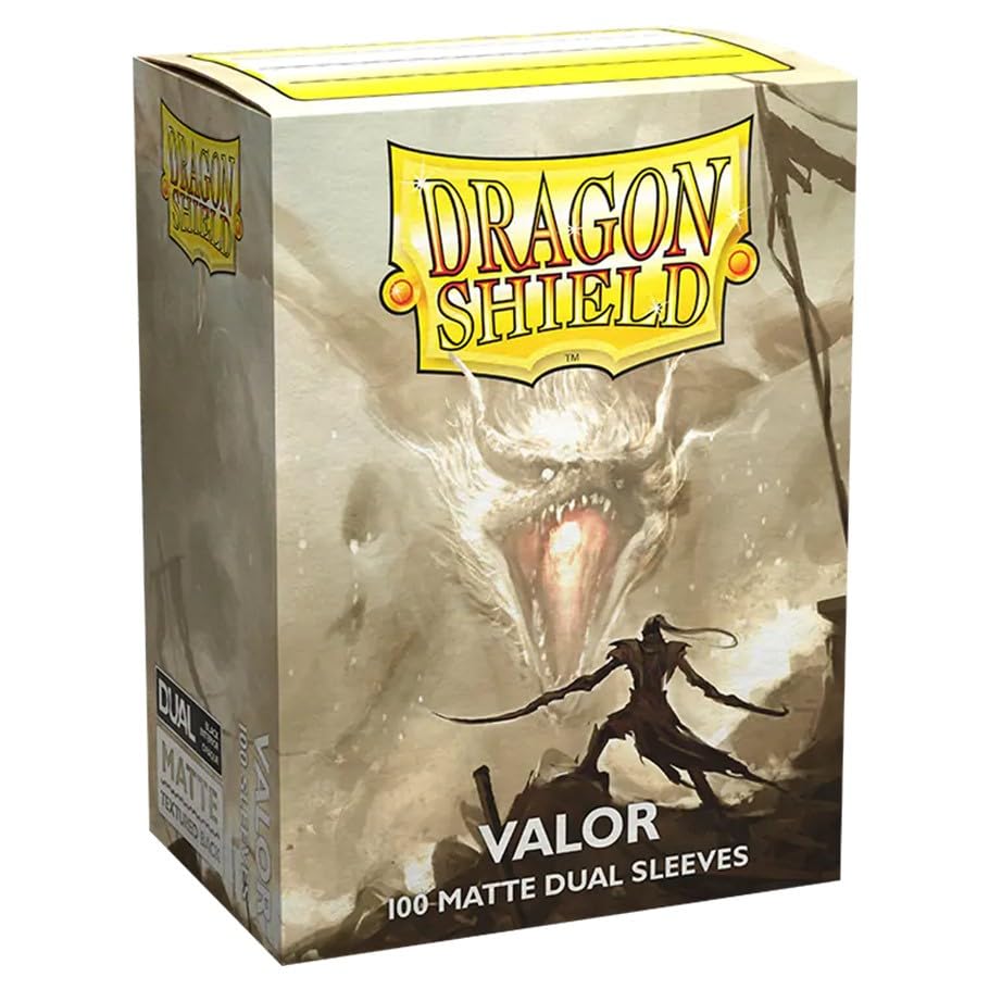 Dragon Shield Valor matte dual card sleeves packaging featuring a dragon and warrior design, suitable for standard size cards.