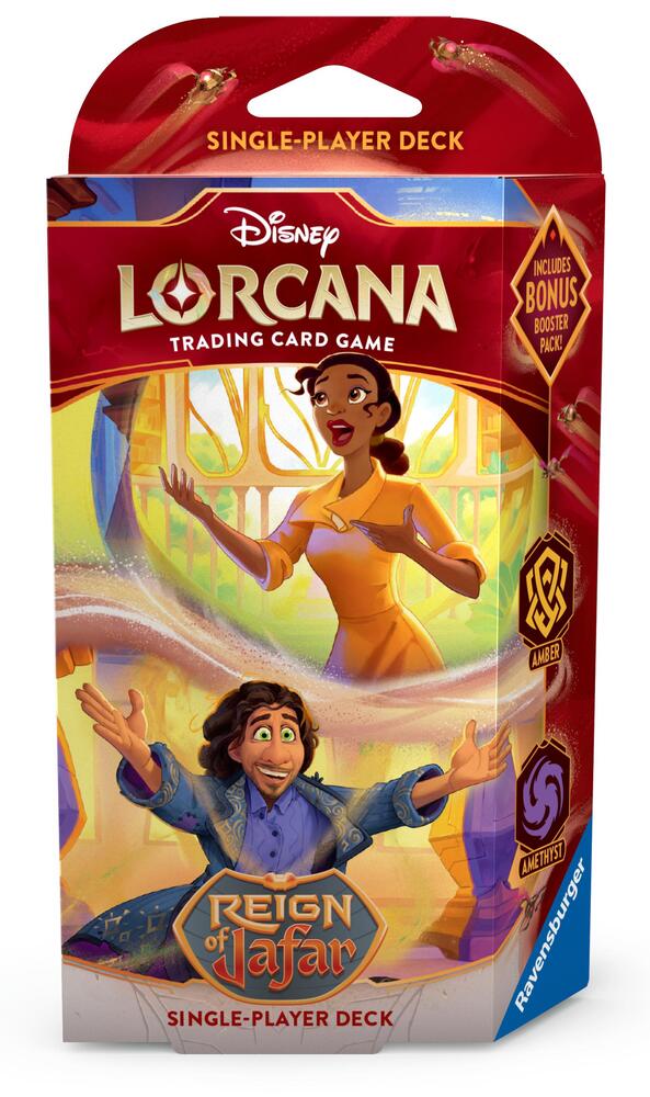 Disney Lorcana: Reign of Jafar starter deck featuring characters and artwork from the game, packaged in a colorful box.