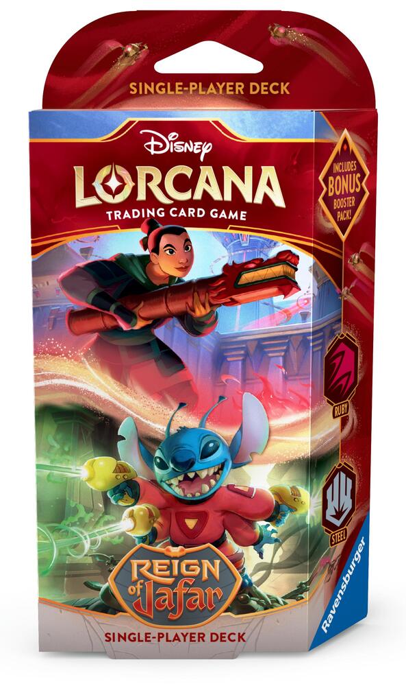 Disney Lorcana Reign of Jafar starter deck featuring Ruby and Steel, with vibrant artwork and a bonus booster pack included.