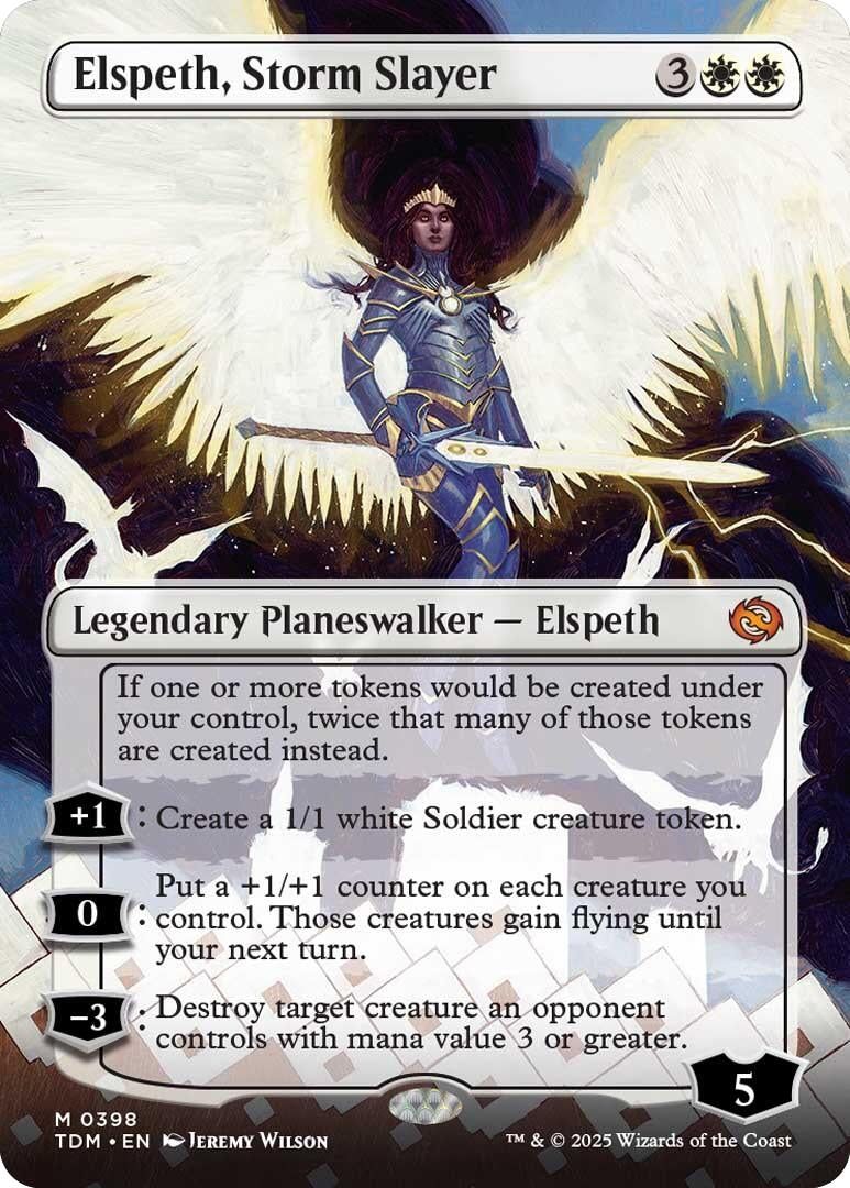 Elspeth, Storm Slayer card featuring a legendary planeswalker with abilities to create tokens and destroy creatures.