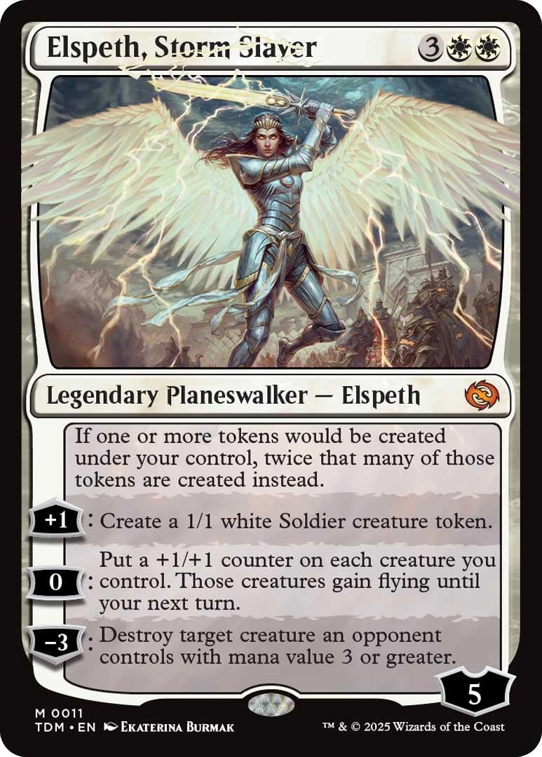 Elspeth, Storm Slayer card featuring a legendary planeswalker with angelic wings, showcasing her abilities and artwork.