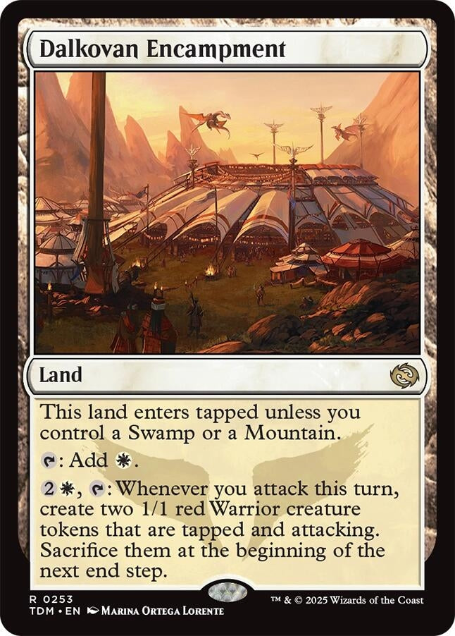 Dalkovan Encampment card featuring a fantasy landscape with a tent structure, rules for gameplay, and creature token creation details.