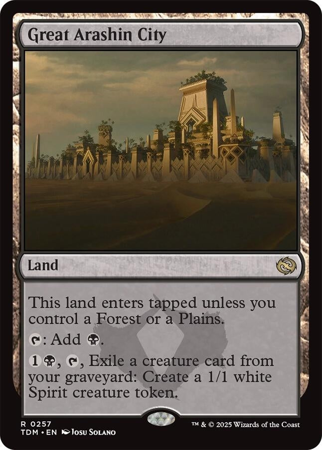 Great Arashin City card featuring a mystical landscape with towering structures, labeled as a land card for gameplay.
