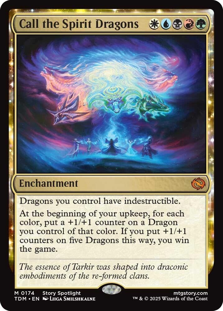 Enchantment card "Call the Spirit Dragons" featuring colorful dragons in a mystical sky, emphasizing indestructibility and counters.