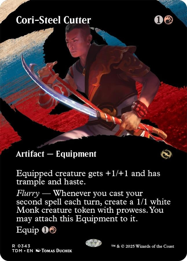 Cori-Steel Cutter card featuring a monk wielding a sword, enhancing equipped creature's power and granting abilities.